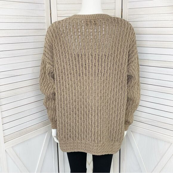 Express 90s Vintage Hand Knit Oversized Chunky Sweater Tan Taupe Medium V Neck - Picture 4 of 11
